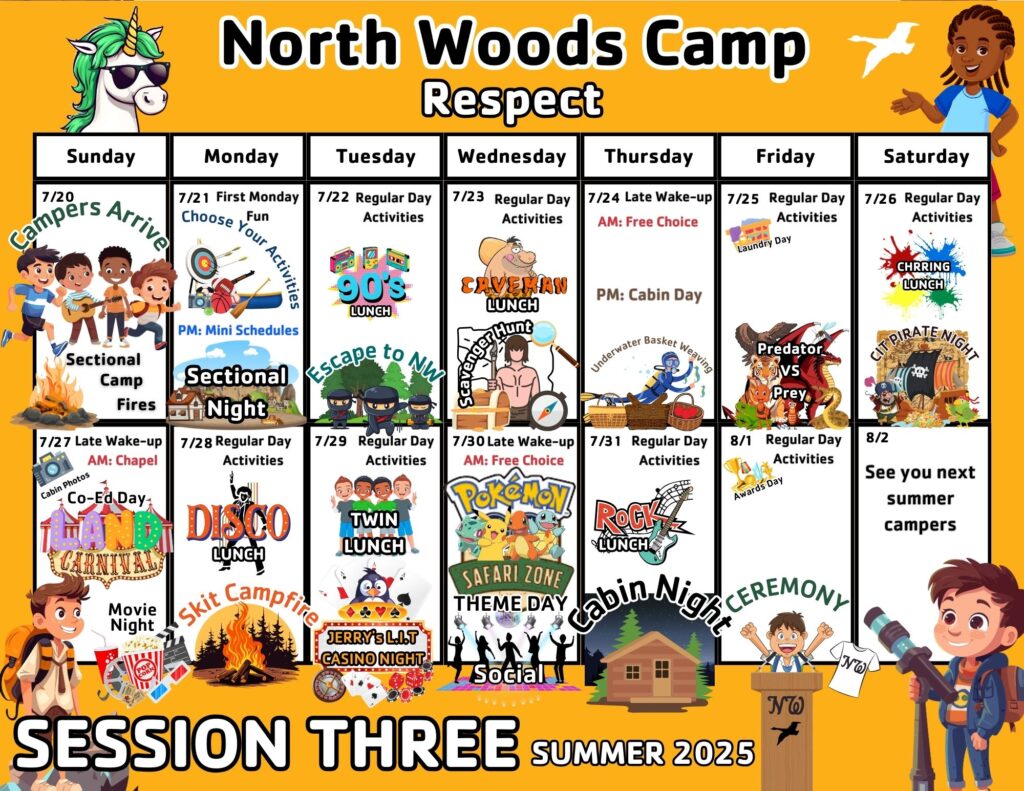 North Woods Session 3 calendar