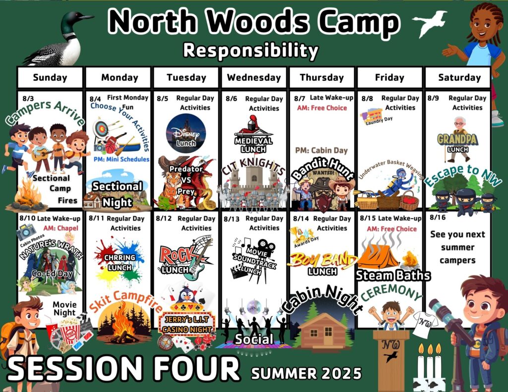 North Woods Session 4 calendar