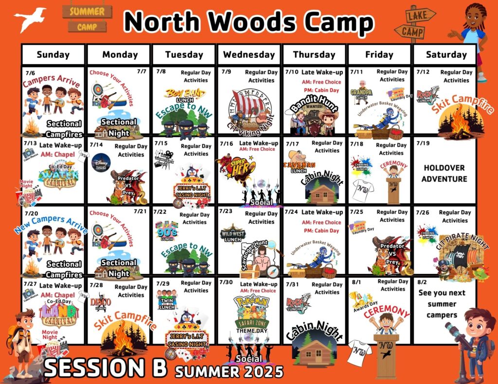 North Woods Session B calendar