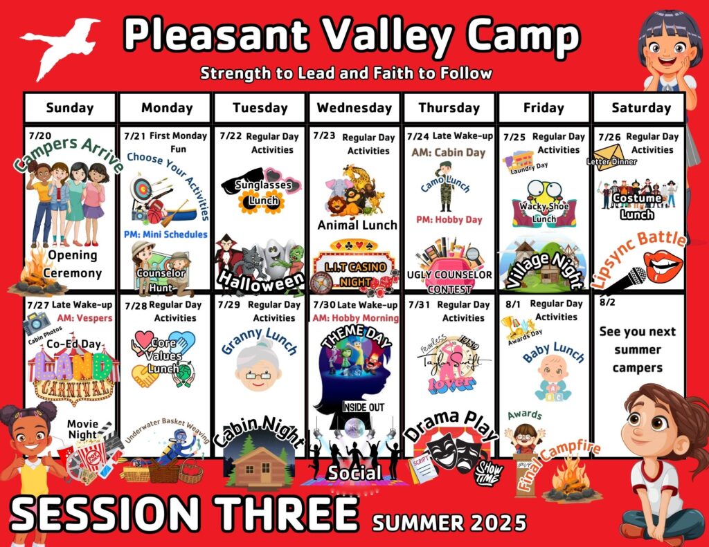 Pleasant Valley Camp Session 3 calendar