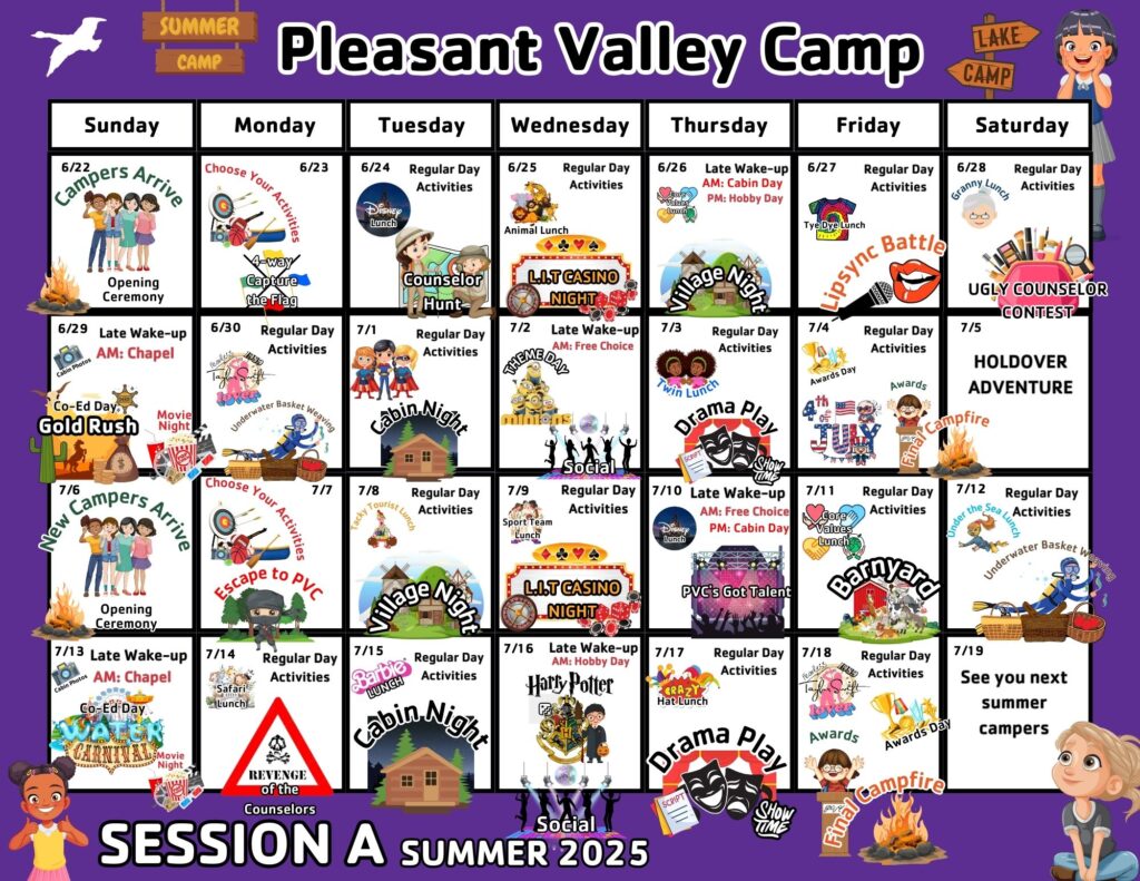 Pleasant Valley Camp Session A calendar