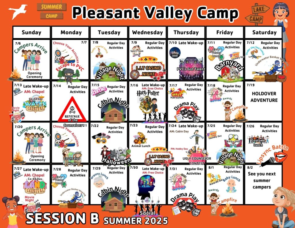 Pleasant Valley Camp Session B calendar