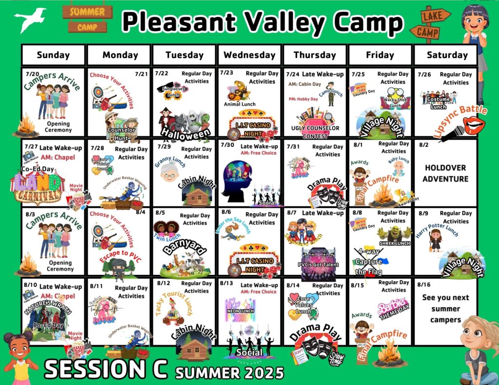 Pleasant Valley Camp Session C calendar